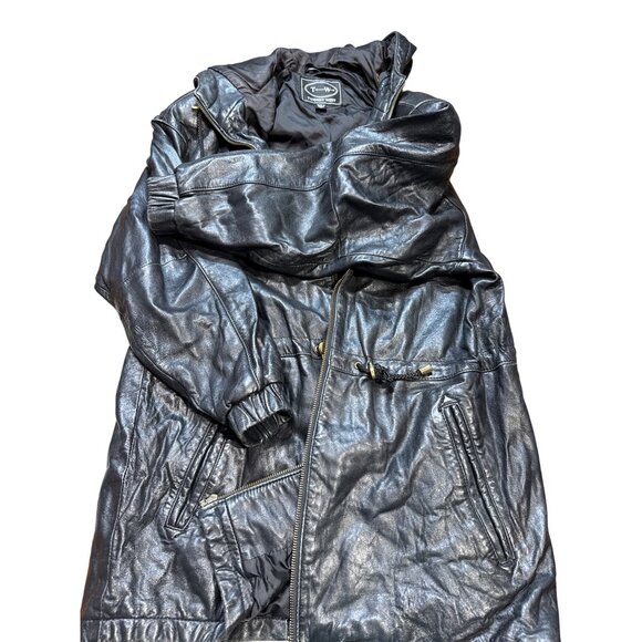 Tannery West Black Hooded Leather Jacket With Gold Accent Zippers Zip-Up Front & - Picture 12 of 16